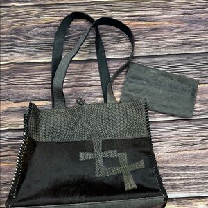 Leather & cowhide Grey Tote Bag with crosses & Matching wallet